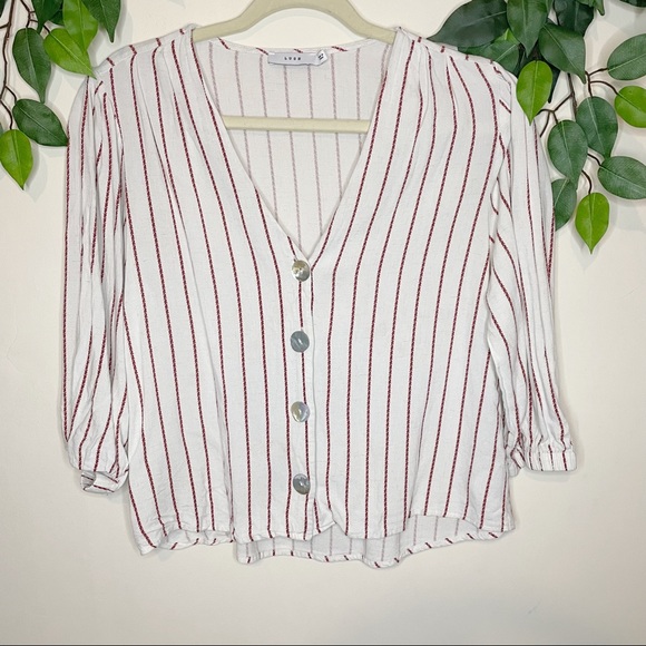 Lush Linen Blend Button Front Striped Puff 3/4 Sleeves Top Blouse Size Medium - Picture 1 of 7